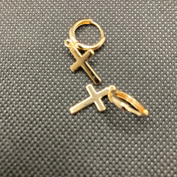 Cross Earrings Gold Huggie Hoop Dangle Drop - Picture 8 of 9